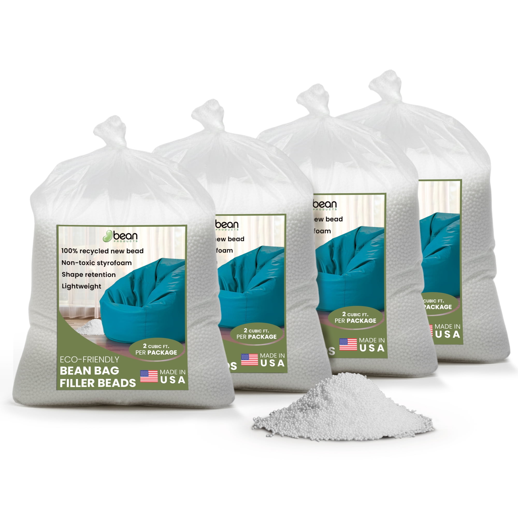 Bean Products Eco-Friendly Bean Bag Chair Filler with Foam Beads, White (Set of 8)