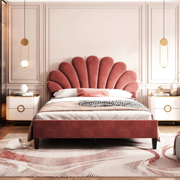Bean paste red full size upholstered platform bed with flower pattern for elegant bedroom decor and air - fresh mattress