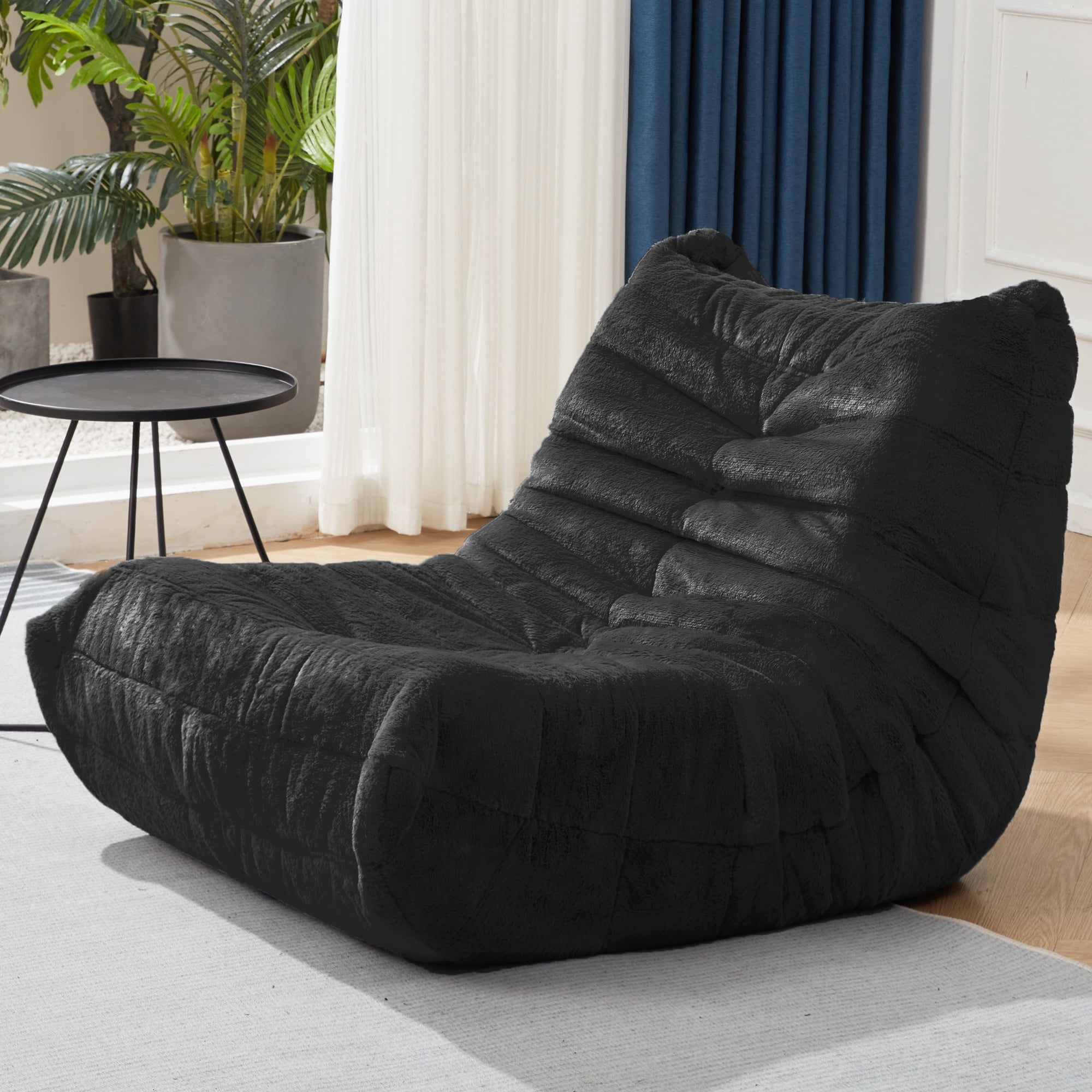 Hobestluk Bean Bag Chairs for Adults Giant BeanBag Chair Sofa Memory Foam Bean Bag Chair Faux Fur Fireside Bean Bags Big Lazy Sofa for Living Room Bedroom Dorm Office (Black Plush)