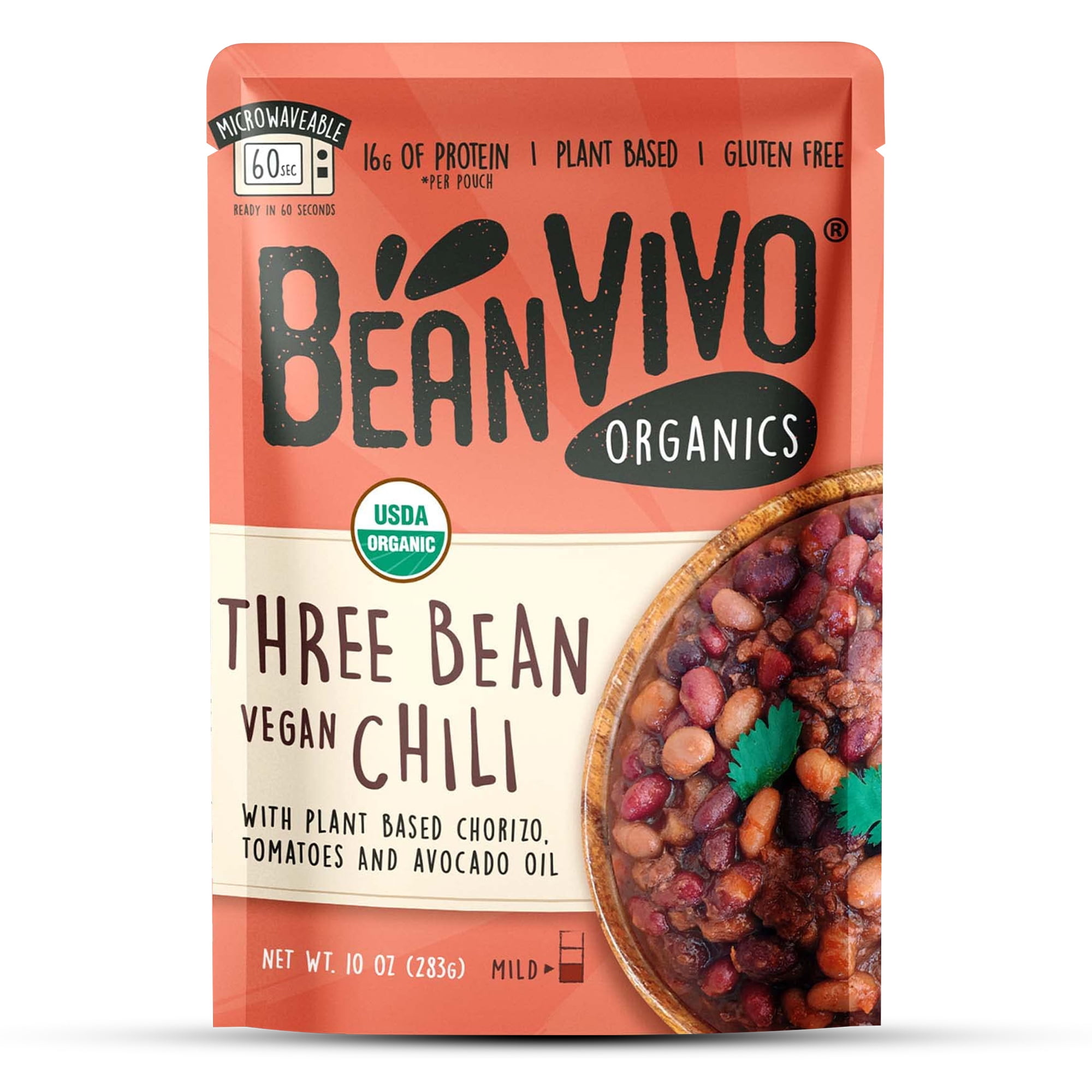 BeanVIVO Organics Three Bean Vegan Chili - Good Source of Fiber - Nutritious & Microwave Meals - Gluten-Free Plant Food - 10 oz Pouch