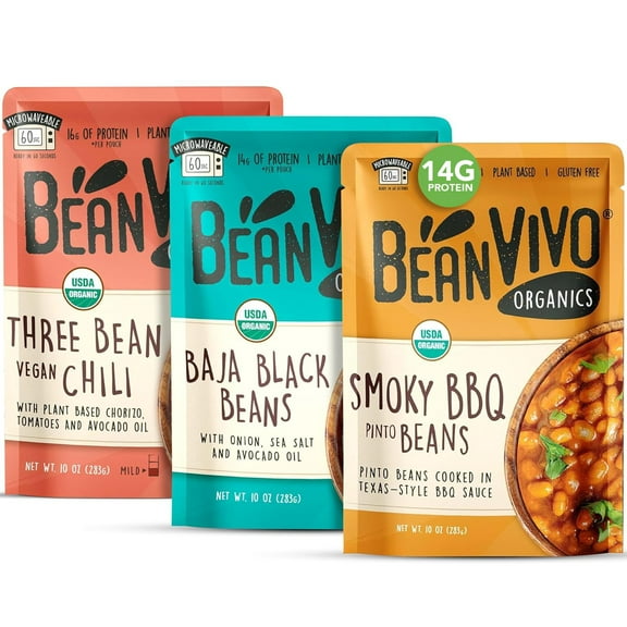 BeanVIVO - Variety 3 Pack (10 KKS1oz each) - Organic Beans, Three Bean Vegan Chili, BBQ Pinto Beans - Seasoned & Ready to Eat, Plant Protein, Vegan, Gluten Free, Microwaveable, Instant Meals