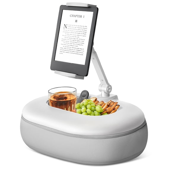 Beanbag Tablet Pillow Stand Raises Screen Height, Hands Free Reading Holder, Includes Snack Bowl & Detachable Base for Comfortable Use in Bed or Couch, Compatible for Kindle, iPad,Light Gray
