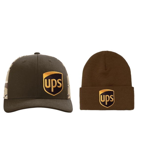 Beanie and Camo Back Brown United Parcel Service Official Style Color Embroidered Side Patch Front Snapback Khaki Brown Baseball Cap Hat Richardson Camo112PM
