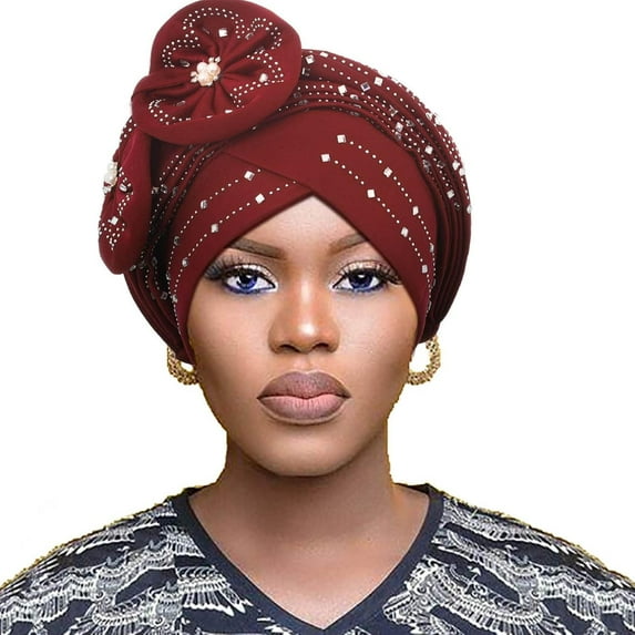 Beanie Cap Head Wrap Rhinestones Head Scarf Flower Pearls Twisted Head Turban for Women Girls