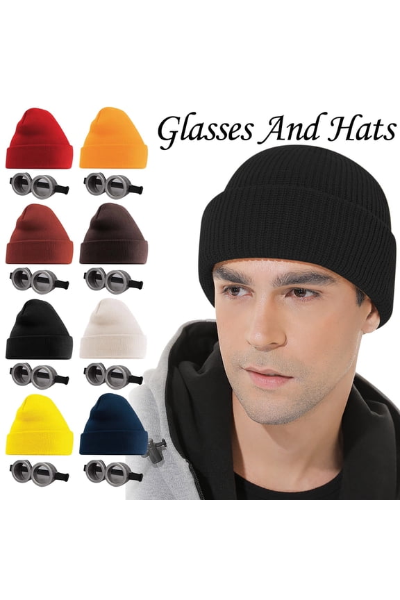 Beanie and Glasses Set, Knit Hat and Spectacles Set, Unisex Winter Accessory Set, Black Gray Sunglasses and Stretchy Solid Beanie for Outdoor Sports Fashion