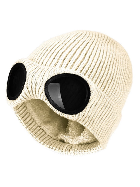 Beanie with Goggle Knitted Ski Hat Boggle Fall Outfits for Man & Women | Unisex Goggle Beanie Boggle Gear Knit Hat Skull Knitted Windproof Ski Winter Fall Outfits Beige One Size