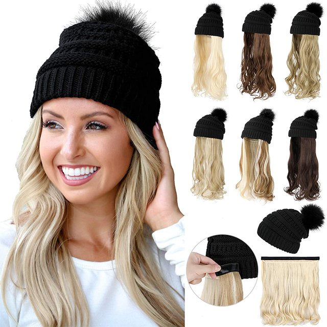 Beanie Hat with Long Wavy Curly Hair Extensions Knit Black Cap Attached