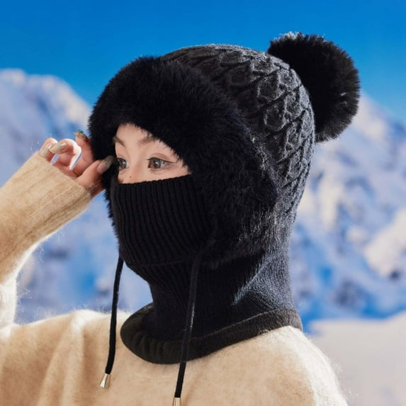 Beanie Hat with Scarf Winter Scarf Set 3 in 1 Beanie Hat Beanie Hat for Women Snow Caps Hooded Scarf Ski Snow Hats Windproof Scarf Hat Skull Hats Knitted Ski Hat Warm Knitted Beanie Black