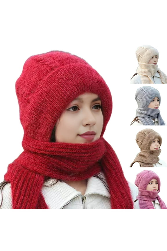 Beanie Hat Scarf for Women, Integrated Ear Protection Windproof Cap Scarf 2 in 1 Scarf Ear Guard Hat Thick Winter Knitted Hat