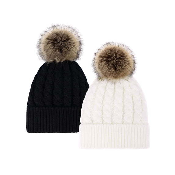 Beanie Hat Women's Winter Soft Fleece Lined Knit Pom Beanie, Lot 2_Black White