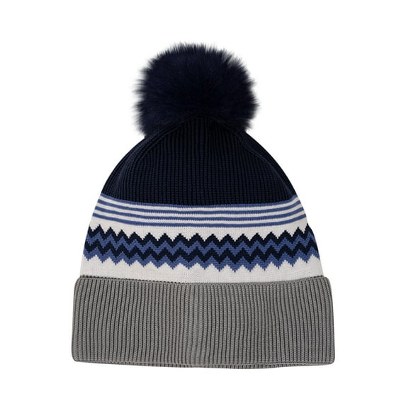 Beanie Hat for Men and Women Winter Striped Cap Warm Cuffed Ski Cap with Faux Fur Pom Blue