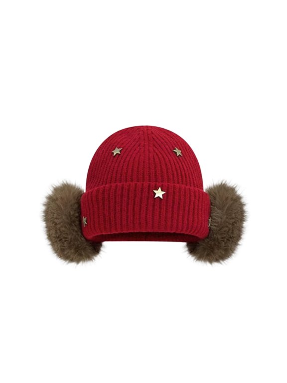 Beanie Hat for Women, Star Pattern Knit Skull Cap with Plush Fuzzy Earmuffs, Soft Warm Thermal Slouchy Fleece Winter Hat Red