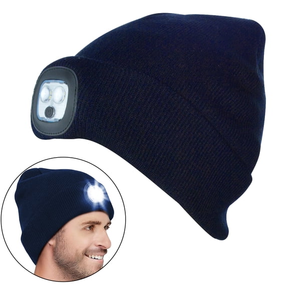 Beanie Hat with Light, Headlight Flashlight Winter Warm Knitted Hats for Running Hiking Unisex Gifts for Dad Mom Husband (Dark Blue)
