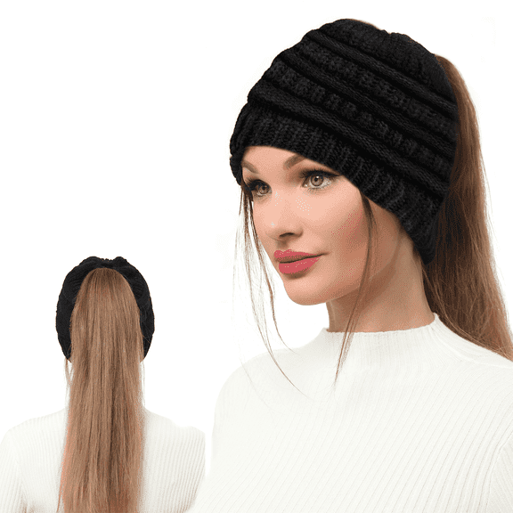AYAMAYA Beanie Hat with Ponytail Hole, Winter Warm Messy Bun Winter Hat with Tail Hole Knit Skull Beanie for Women (Black)
