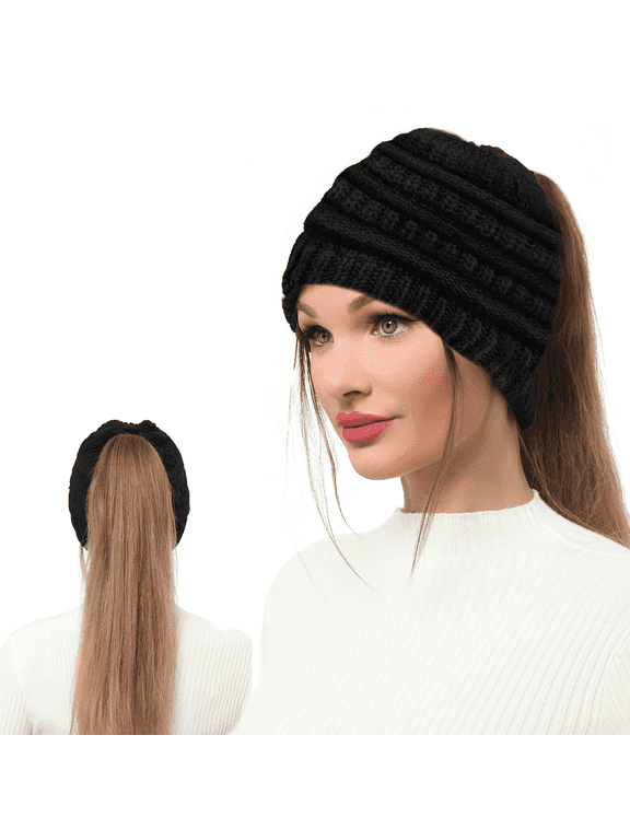 Beanie Hat with Ponytail Hole, Winter Warm Messy Bun Winter Hat with Tail Hole Knit Skull Beanie for Women (Black)