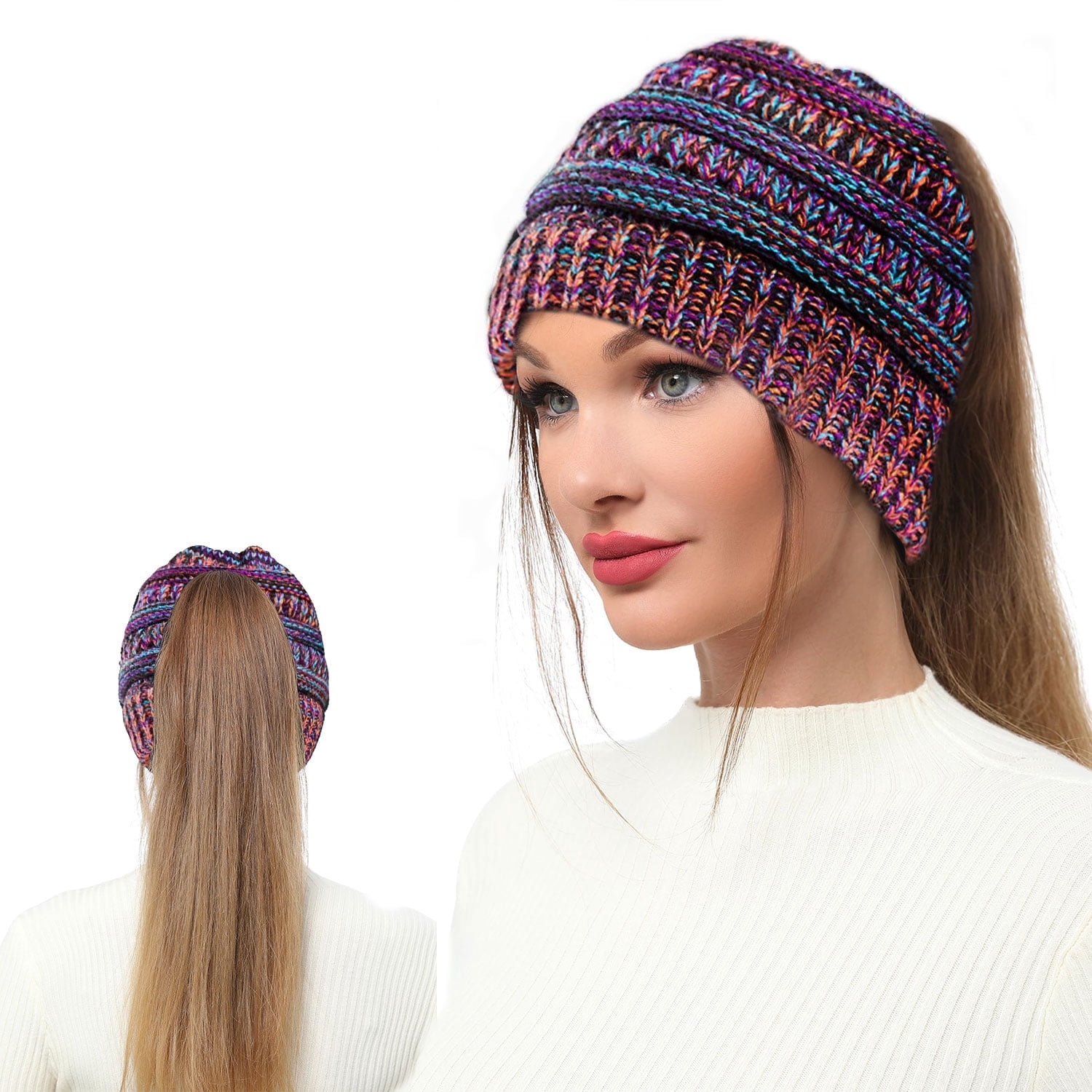 Beanie Hat with Ponytail Hole, Winter Warm Messy Bun Winter Hat with — free download