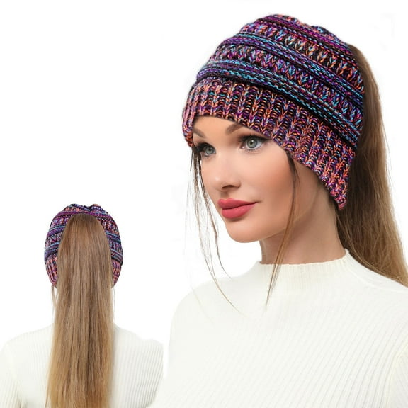 Beanie Hat with Ponytail Hole, Winter Warm Messy Bun Winter Hat with Tail Hole Knit Skull Beanie for Women (Multi-color)