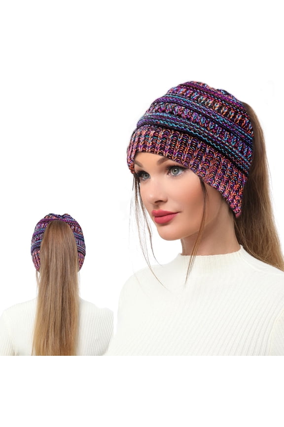 Beanie Hat with Ponytail Hole, Winter Warm Messy Bun Winter Hat with Tail Hole Knit Skull Beanie for Women (Multi-color)