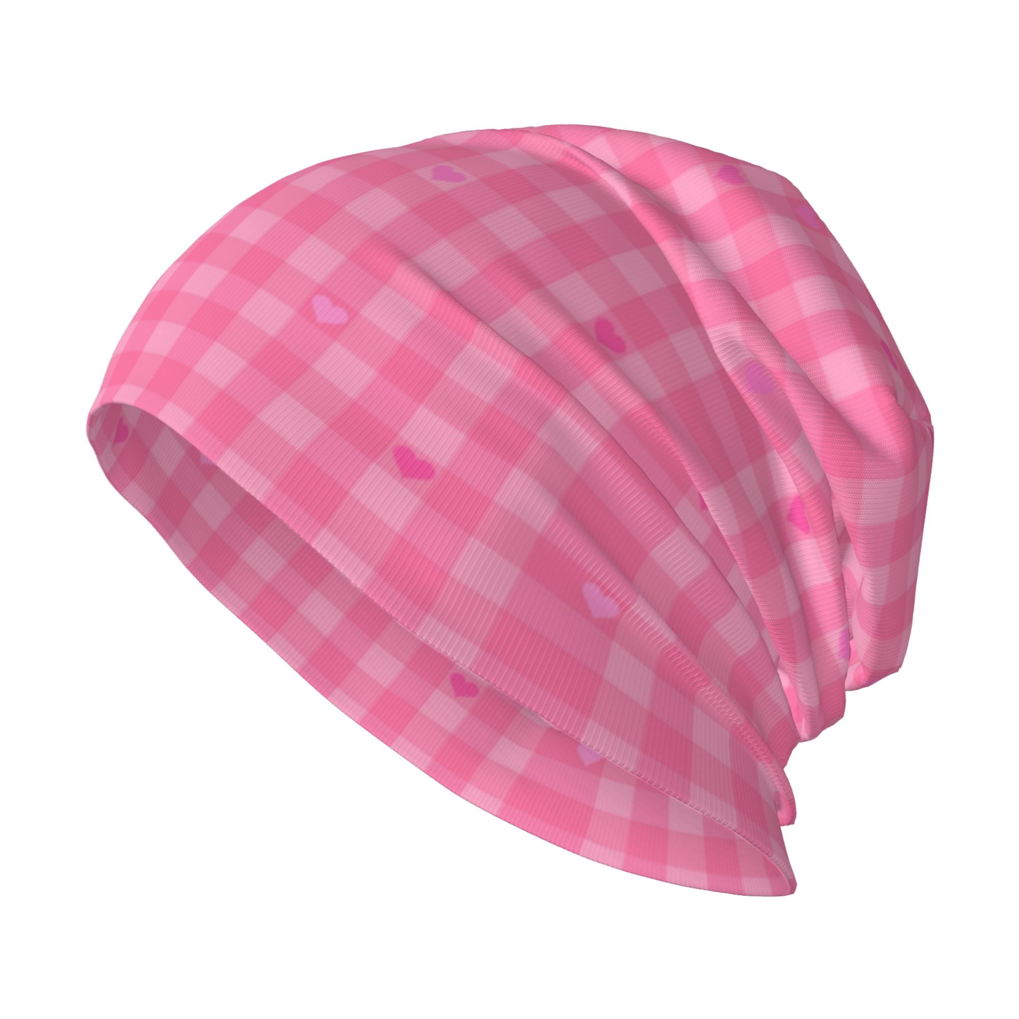 Beanie Hats for Men and Women, Pink Hearts Love Checkered 