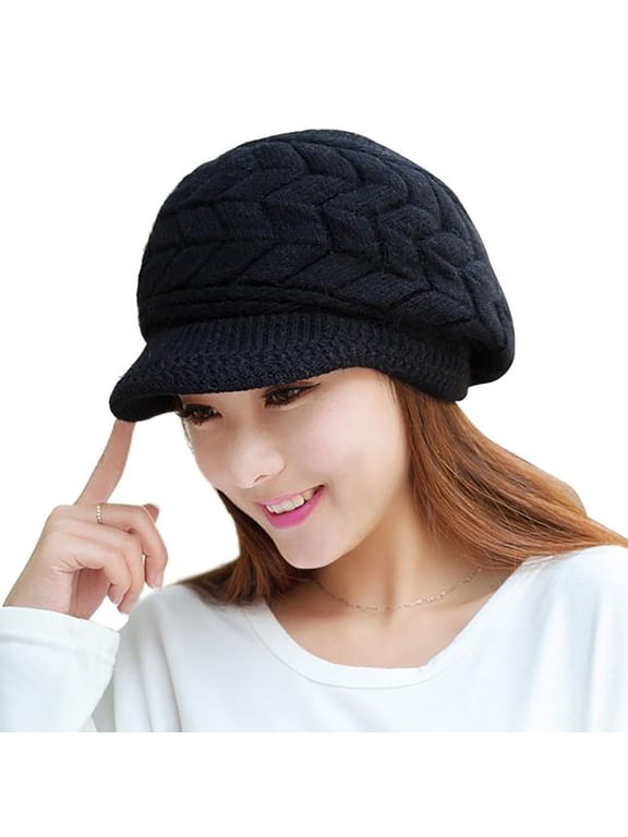 Beanie Hats for Women Knit Winter Hat with Visor Brim Soft Thick Warm Cozy Crochet Beanies Solid Cable Knit Cap