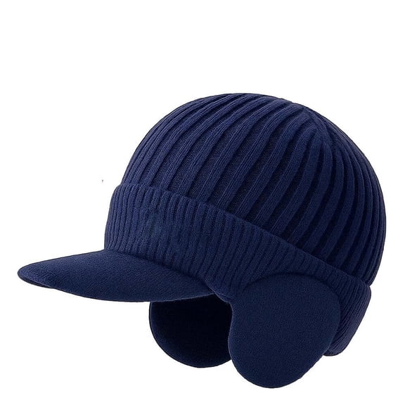 Beanie Knitted Hat with Brim and Ear Flaps,Beanie Hat for Men Fleece Lined Winter Hat with Brim for Big Heads