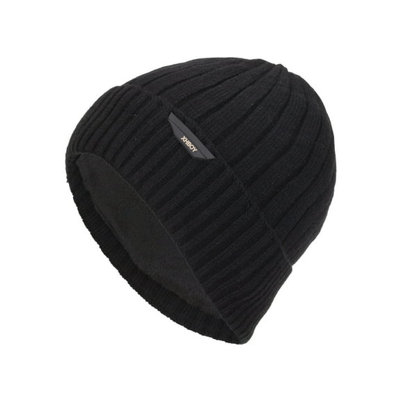 Beanie for Men Women Warm Winter Knit Cuffed Beanie Men's Hat Knitted Knitted Wool Hat Winter Plush Thickened Large Vertical Stripe Leather Label Hoodie Men's Outdoor Hat Black