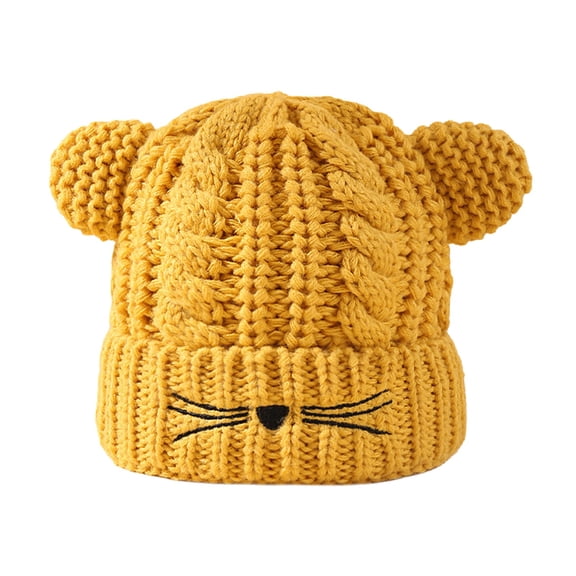 Beanie, Winter Cartoon Kitten Knitted Hat Kitten Ear Caps Headwear Hat for Kids Headwear with Embroidery,Color:Yellow