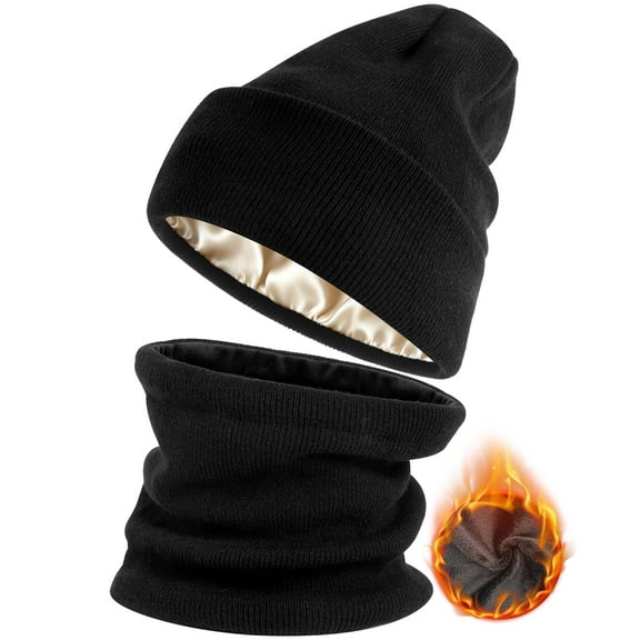 Beanie Winter Hat Scarf Set for Men Women, Knit Fleece Lined Neck Warmer Ski Skull Cap Knit Hat for Cold Weather (Black)
