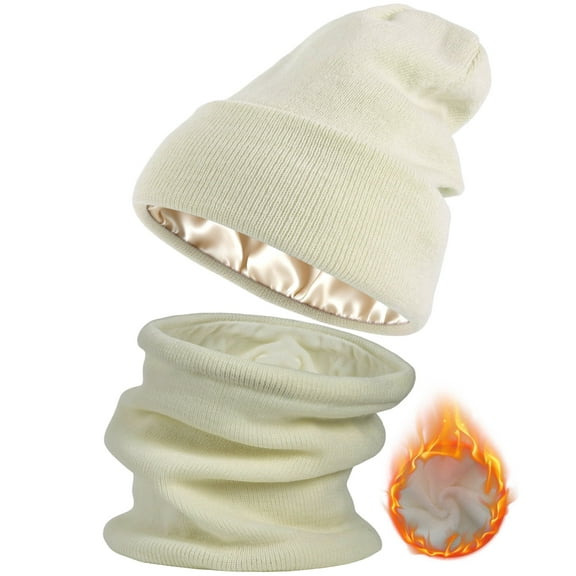 Beanie Winter Hat Scarf Set for Men Women, Knit Fleece Lined Neck Warmer Ski Skull Cap Knit Hat for Cold Weather (White)