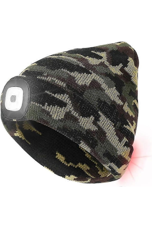 Beanie With Light And Red Warning Light, USB Rechargeable LED Lighted Beanie With 3 Brightness Levels, Hands-Free Headlamp Hood (Camouflage)