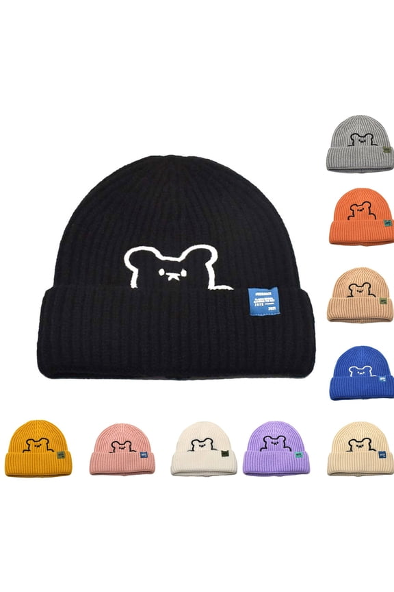 Beanie for Women Men LSQii Casual Cute Bear Embroidered Soft Warm Thick Cozy Knit Winter Beanie Cuff Skull Cap Blue for Cold Weather Oudoor Wear Daily
