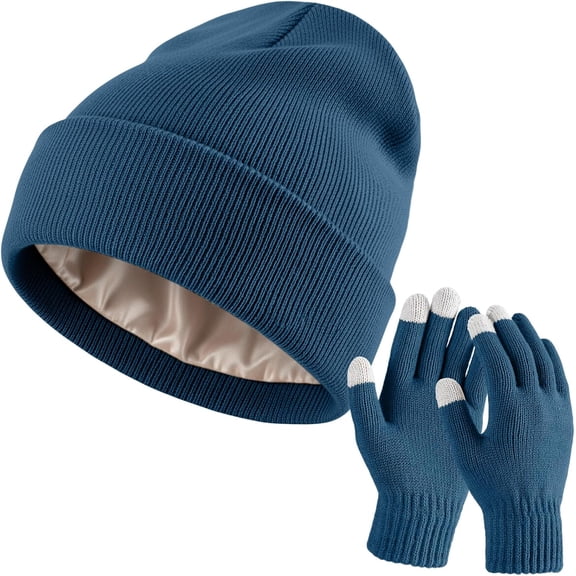 Beanie and Touchscreen Gloves Set for Women Men Unisex Winter Knitted Hat Skull Cap Warm Gloves with Knit Fleece Lined