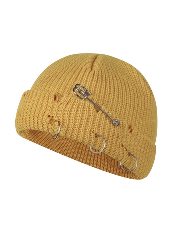 Beanie for Women Goth Distressed Ring Punk Skull Cap Y2K Pin Knit Hatswith Piercing Metal Rings for Hiphop Grunge Streetwear