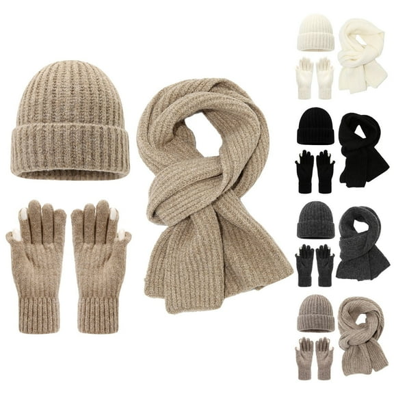 Beanie for Women Hat Scarf and Gloves Set Thick Soft Stretchy Knit Hats Fashion Winter Skull Cap for Cold Weather #02 Brown
