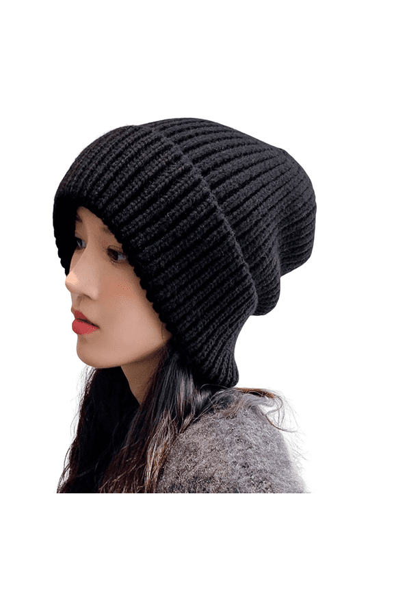 Beanie for Women Men BWASD Casual Thick Warm Cable Knit Cuffed Hat Oversize Slouchy Solid Color Skull Cap for Outdoor Sports Daily Wear Black