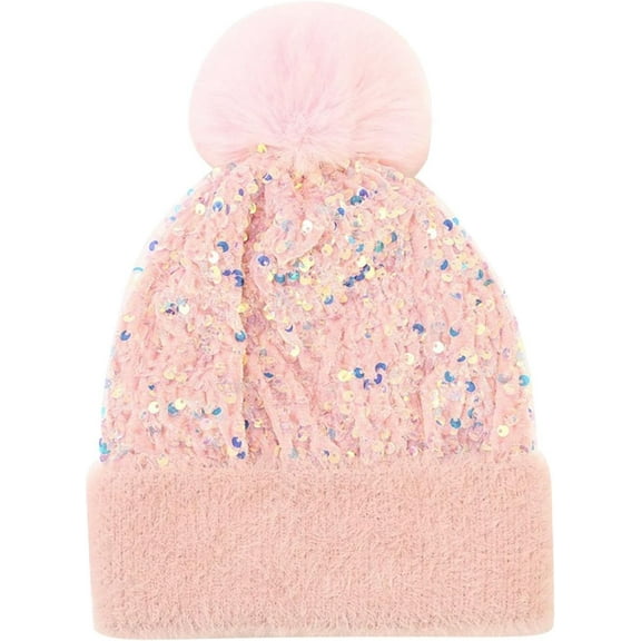 Beanie for Women Winter Knitted Sparkly Sequins Hat with Faux Fur Pom Warm Knit Skull Cap Beanies Outdoor Ski Hiking