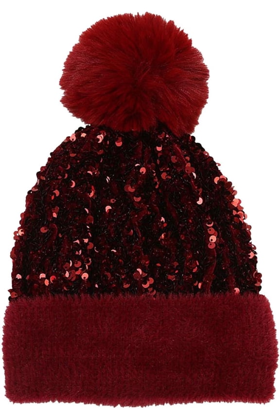 Beanie for Women Winter Knitted Sparkly Sequins Hat with Faux Fur Pom Warm Knit Skull Cap Beanies Outdoor Ski Hiking