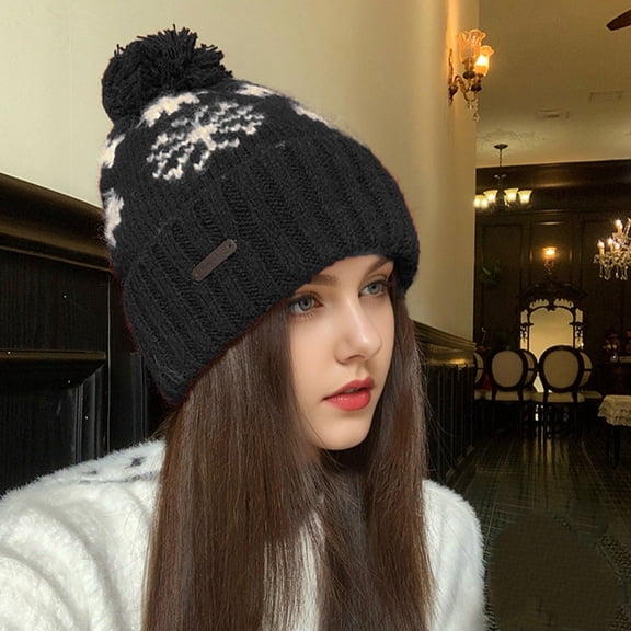 Beanie for Women Winter Warm Fair Isle Rolled Brim Beanies with Pom Pom (Black One Size)