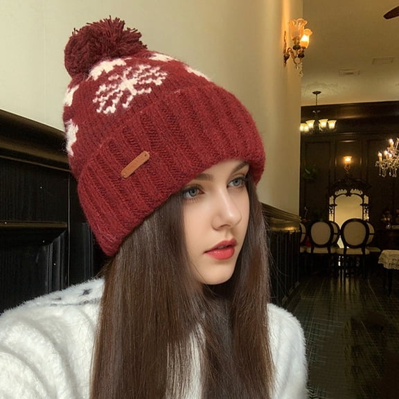 Beanie for Women Winter Warm Fair Isle Rolled Brim Beanies with Pom Pom (Red One Size)