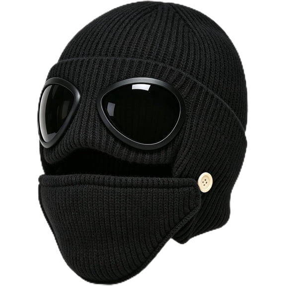 Beanie with Goggles, Knitted Goggle Beanie Hat with Sunglasses and Face Mask, Ribbed Knit Winter Hat for Men and Women, Cold Weather