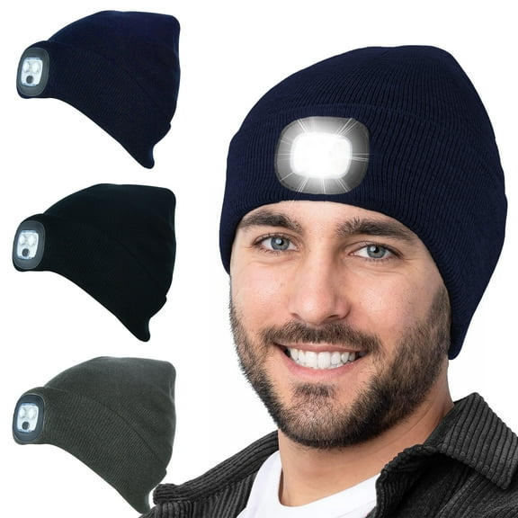 Beanie with Light, USB Rechargeable LED Headlamp Cap Unisex Winter Warm Knitted Hats Gifts for Men Women (Dark Blue)