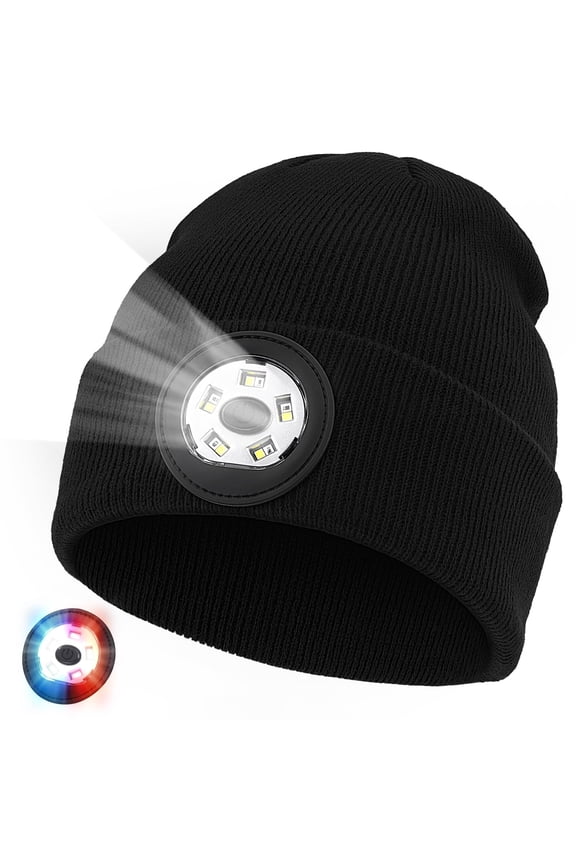 Beanie with Light, Unisex USB-C Rechargeable Headlamp Beanie Flashlight Beanie Hat for Men Women 5 LED Super Brightness Black