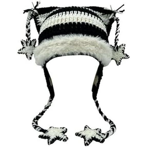 Beanies Cat Beanie Beanie Goth Knit Hat Grunge Crochet Hats for Women Accessories, Women's Hand-Knitted Star Striped -Ear Braid Hat With Ear Protectioned, Christmas Hat Best Gifts Versatile Cap