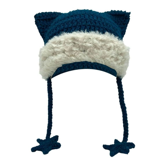 Beanies Cat Beanie Beanie Goth Knit Hat Grunge Crochet Hats for Women Accessories, Women's Hand-Knitted Star Striped -Ear Braid Hat With Ear Protectioned, Christmas Hat Best Gifts Versatile Cap
