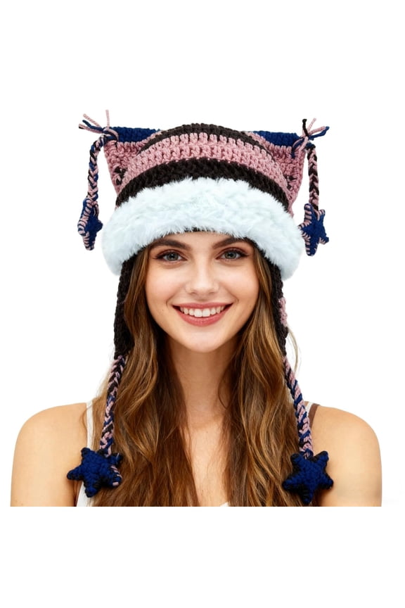 Beanies Cat Ear Beanie Y2k Beanie with Pom Poms Star Accessories Goth Knit Hat Crochet Knitted Hats for Women y2k Slouchy Skully Caps