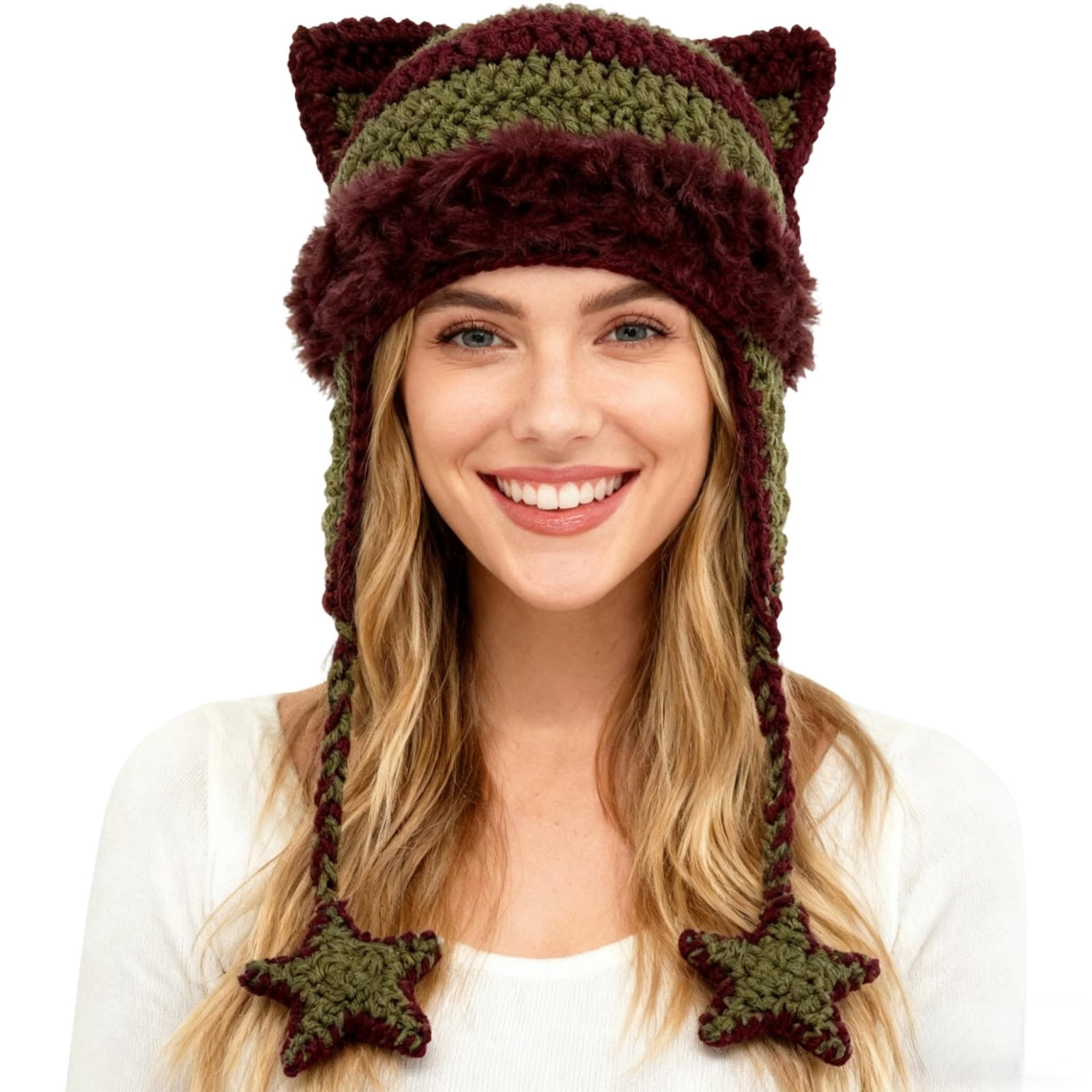Beanies Cat Ear Beanie Y2k Beanie with Pom Poms Star