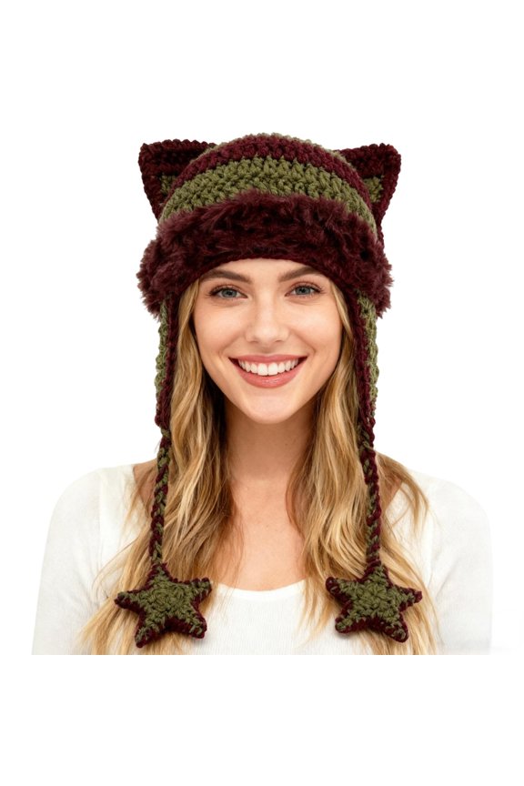 Beanies Cat Ear Beanie Y2k Beanie with Pom Poms Star Accessories Goth Knit Hat Crochet Knitted Hats for Women y2k Slouchy Skully Caps