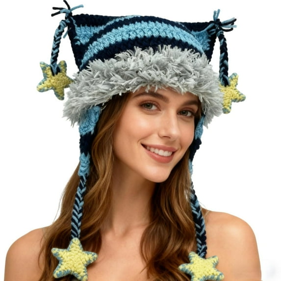Beanies Cat Ear Beanie Y2k Beanie with Pom Poms Star Accessories Goth Knit Hat Crochet Knitted Hats for Women y2k Slouchy Skully Caps