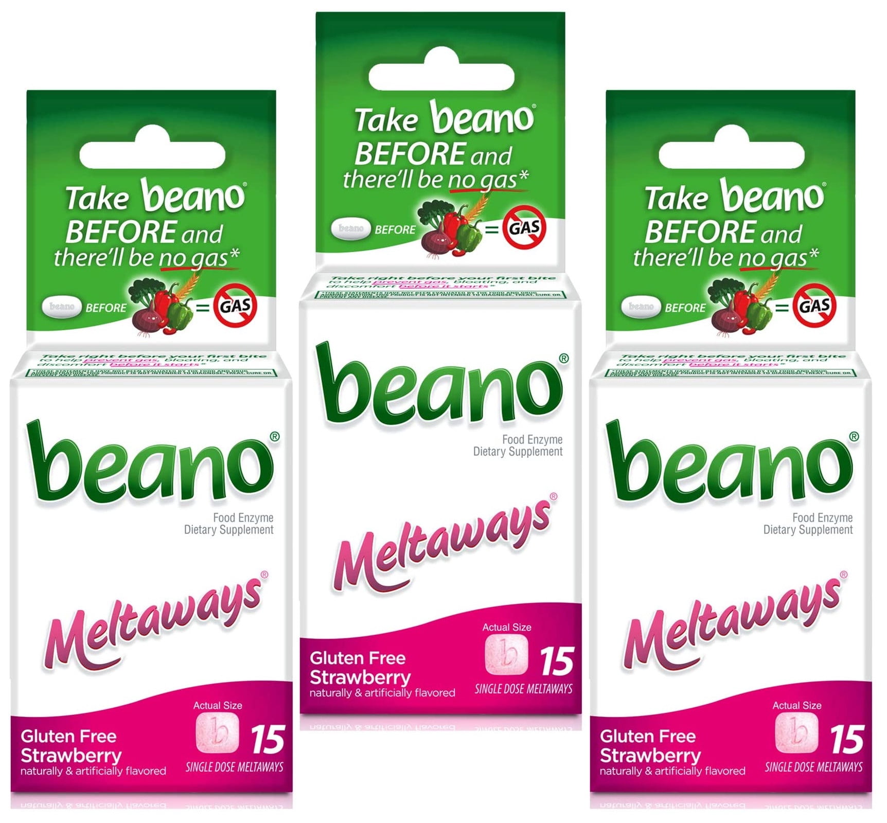 Beano Meltaways, Gas Prevention & Digestive Enzyme Supplement, Strawberry Flavor, 15 Count, - 3 Pack