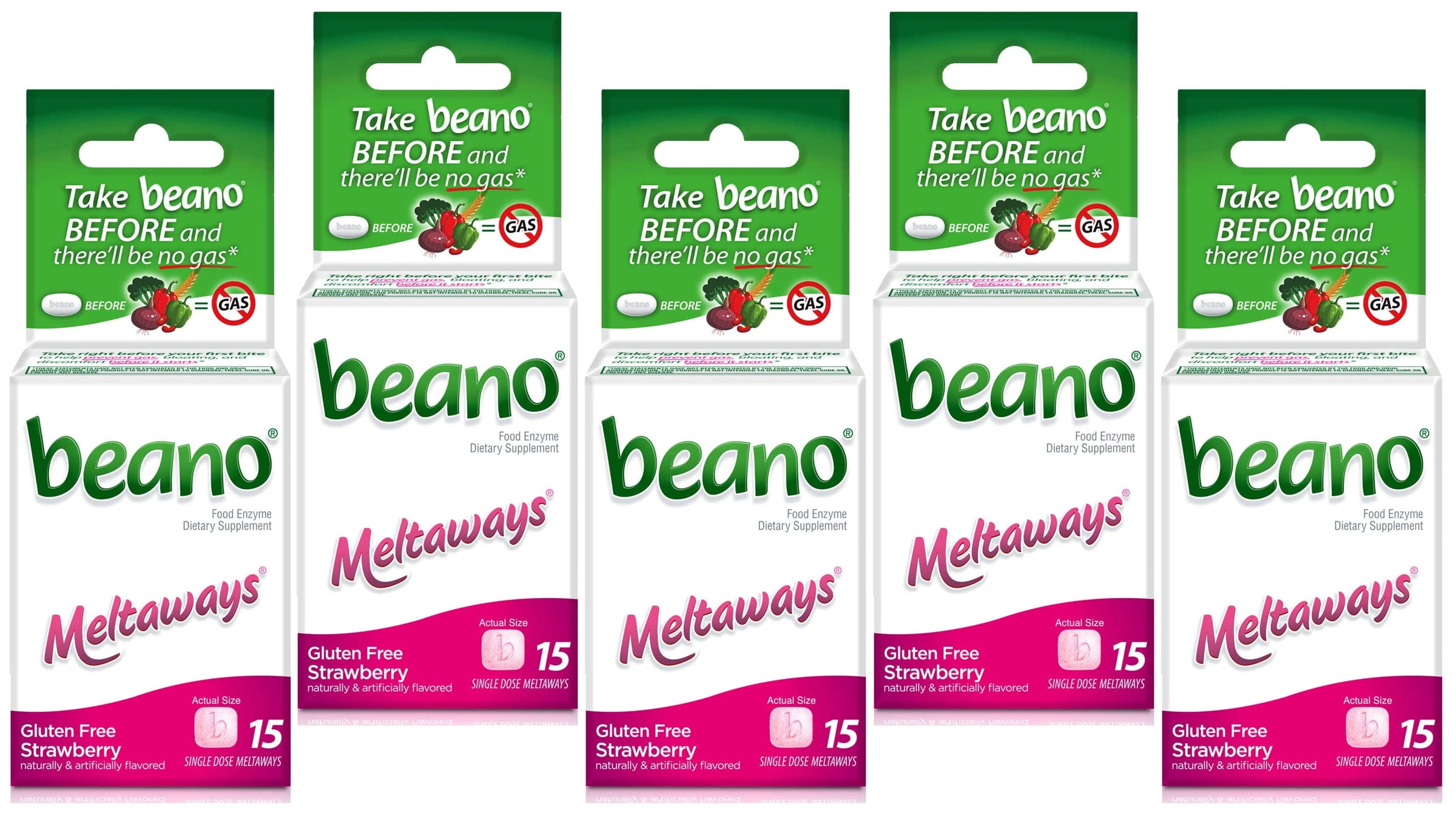 Beano Meltaways, Gas Prevention & Digestive Enzyme Supplement, Strawberry Flavor, 15 Count - 5 Pack